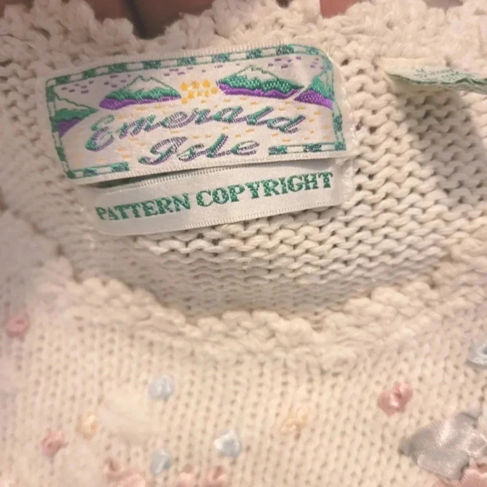 Vintage cream crochet lace pearls floral whimsy coquette cottagecore sweater M - Picture 5 of 14